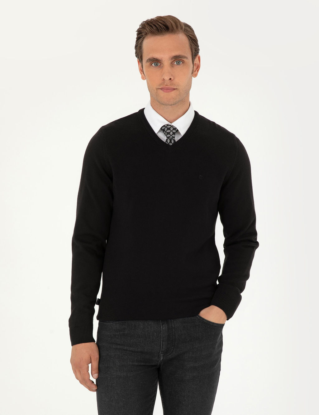Siyah Slim Fit V Yaka Basic Triko Kazak