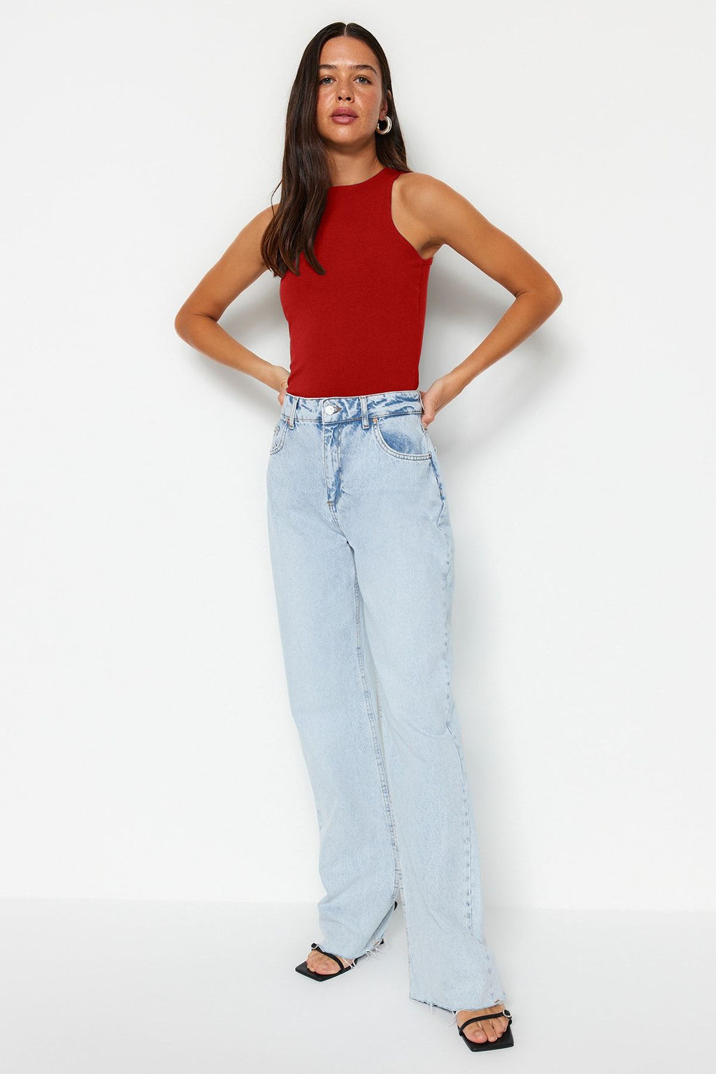 K?rm?z? Pamuklu Halter Yaka Fitted/Vucuda Oturan Esnek Orme Atlet TWOSS23AL00069