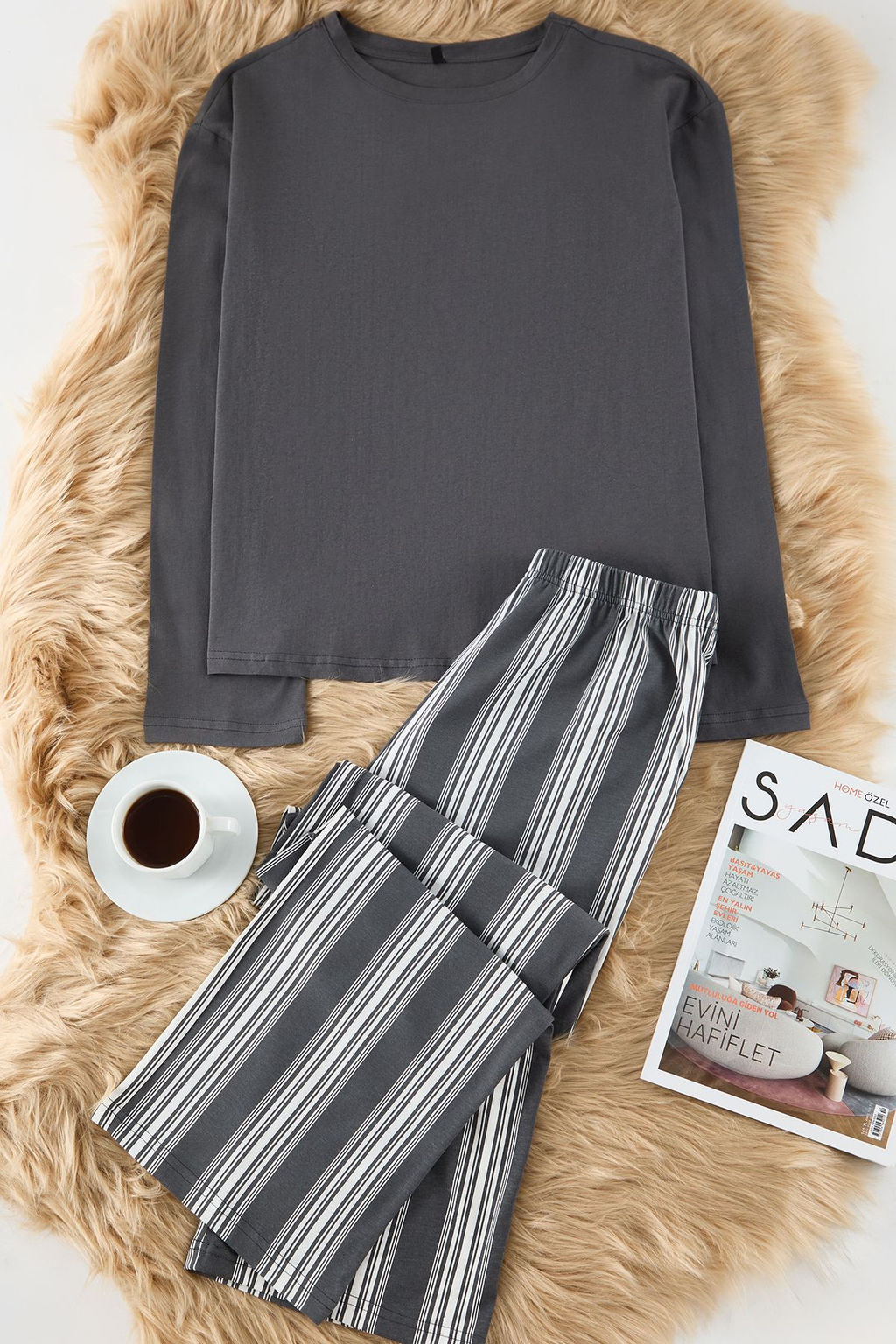 Trendyolmilla Antrasit %100 Pamuklu Cizgili Orme Pijama Tak?m? THMAW25PT00188  фото 18