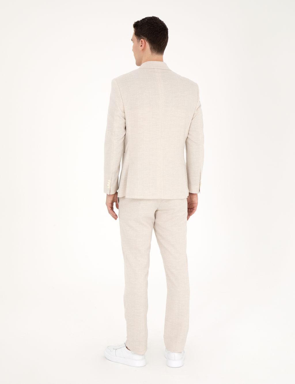 Bej Slim Fit Keten Kar___ml_ _izgili Tak_m Elbise
