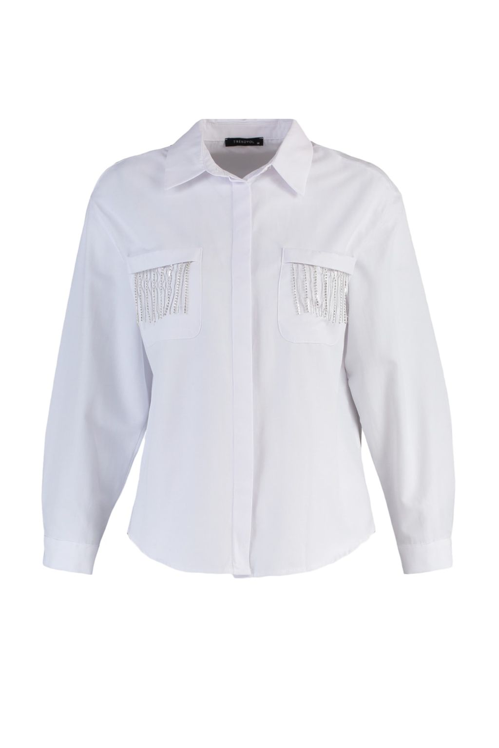 TRENDYOLMILLA Ekru Parlak Tasl? Genis Kal?p Dokuma Poplin Gomlek TPRAW23GO00012  фото 6