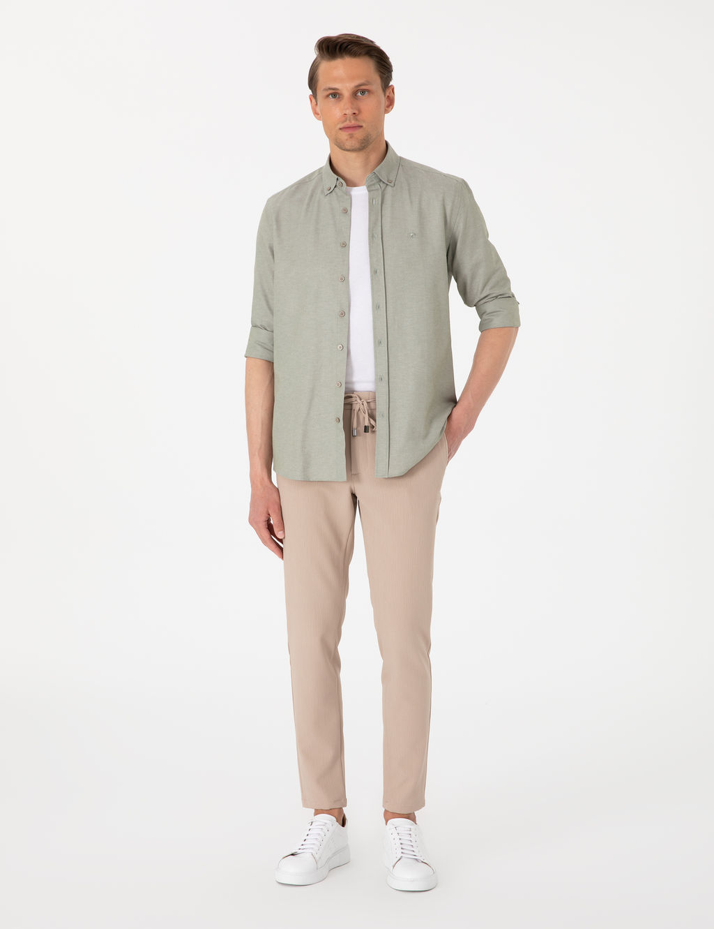 Haki Oxford Slim Fit Kolay _t_lenebilir G_mlek