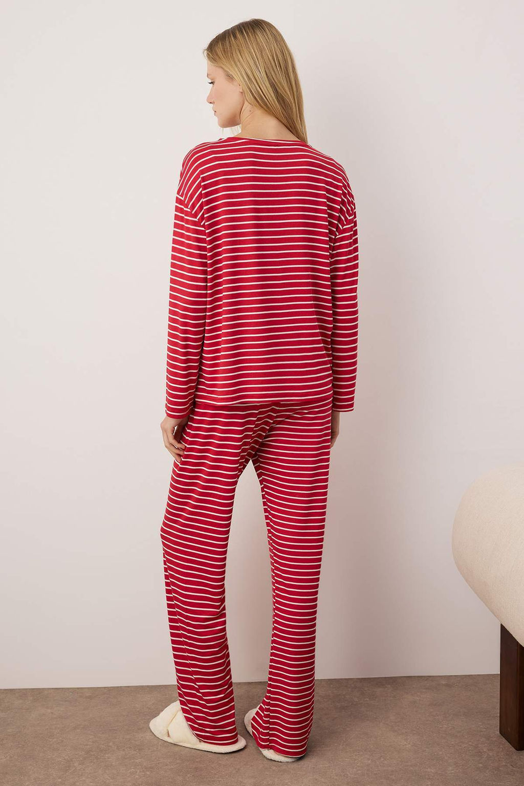 Trendyolmilla Lacivert Cizgili Gokkusag? Bask?l? Viskon Orme Pijama Tak?m? THMAW25PT00014 фото 8