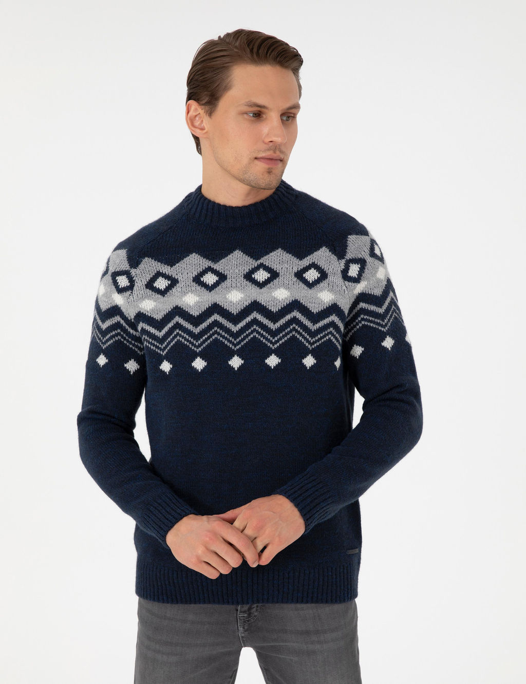 Lacivert Slim Fit Yar_m Bal_k__ Yaka Triko Kazak