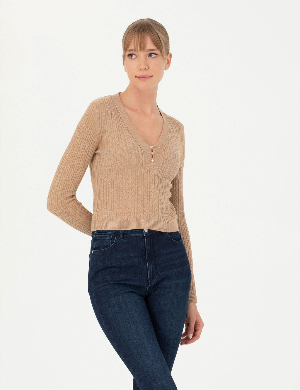 Бежевый свитер с v-образным вырезом Ex Slim Fit