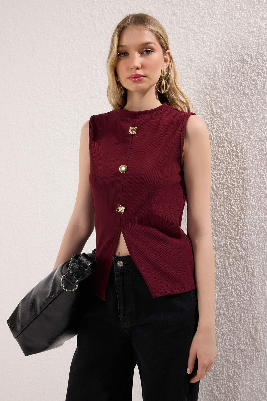 Bordo Aksesuar Dugmeli Bisiklet Yaka Regular Boy Yelek Orme Bluz TWOSS25BZ00558