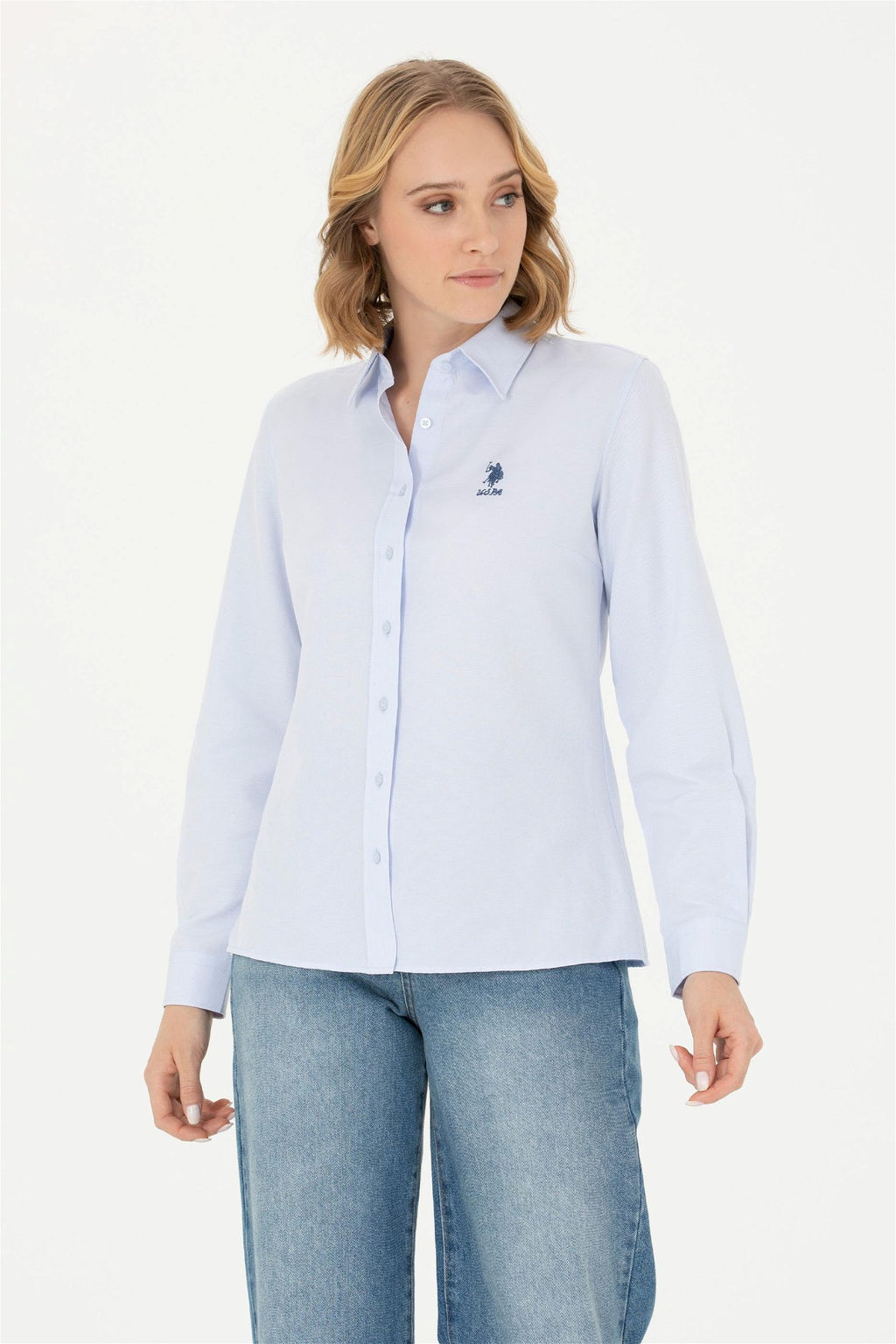 Женская голубая базовая рубашка с длинным рукавом - U.s. polo assn фото 3