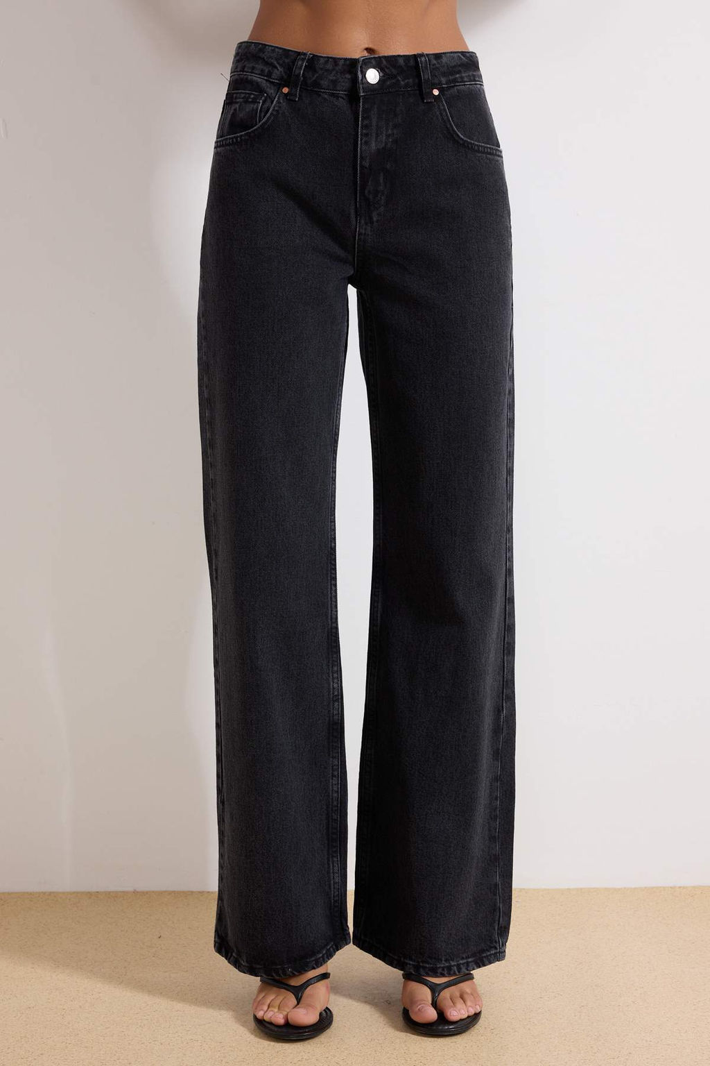 Antrasit Yuksek Bel Wide Leg Genis Paca %100 Pamuk Non-Stretch Jeans TWOAW24JE00089