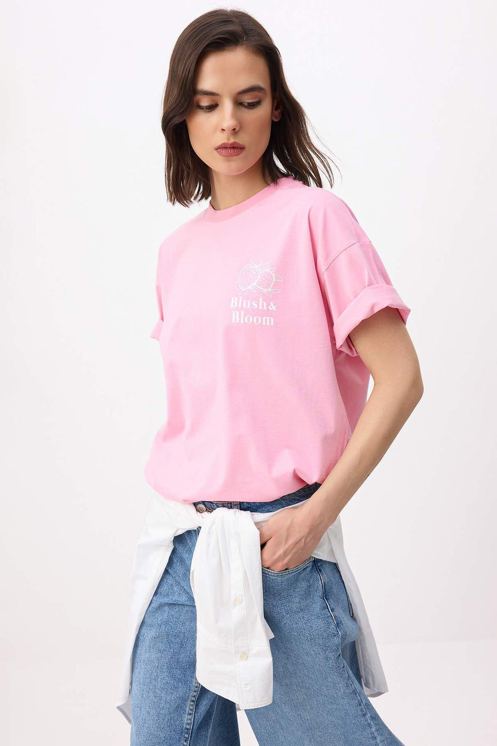 Ekru Bask?l? Oversize/Genis Kal?p Dusuk Kol K?sa Kollu Tok %100 Pamuk Orme T-Shirt TWOSS26TS00160 - Trendyolmilla фото 6