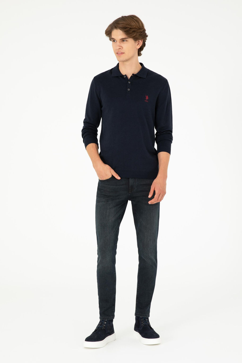 Erkek Slim Fit Polo Yaka Lacivert Basic Kazak