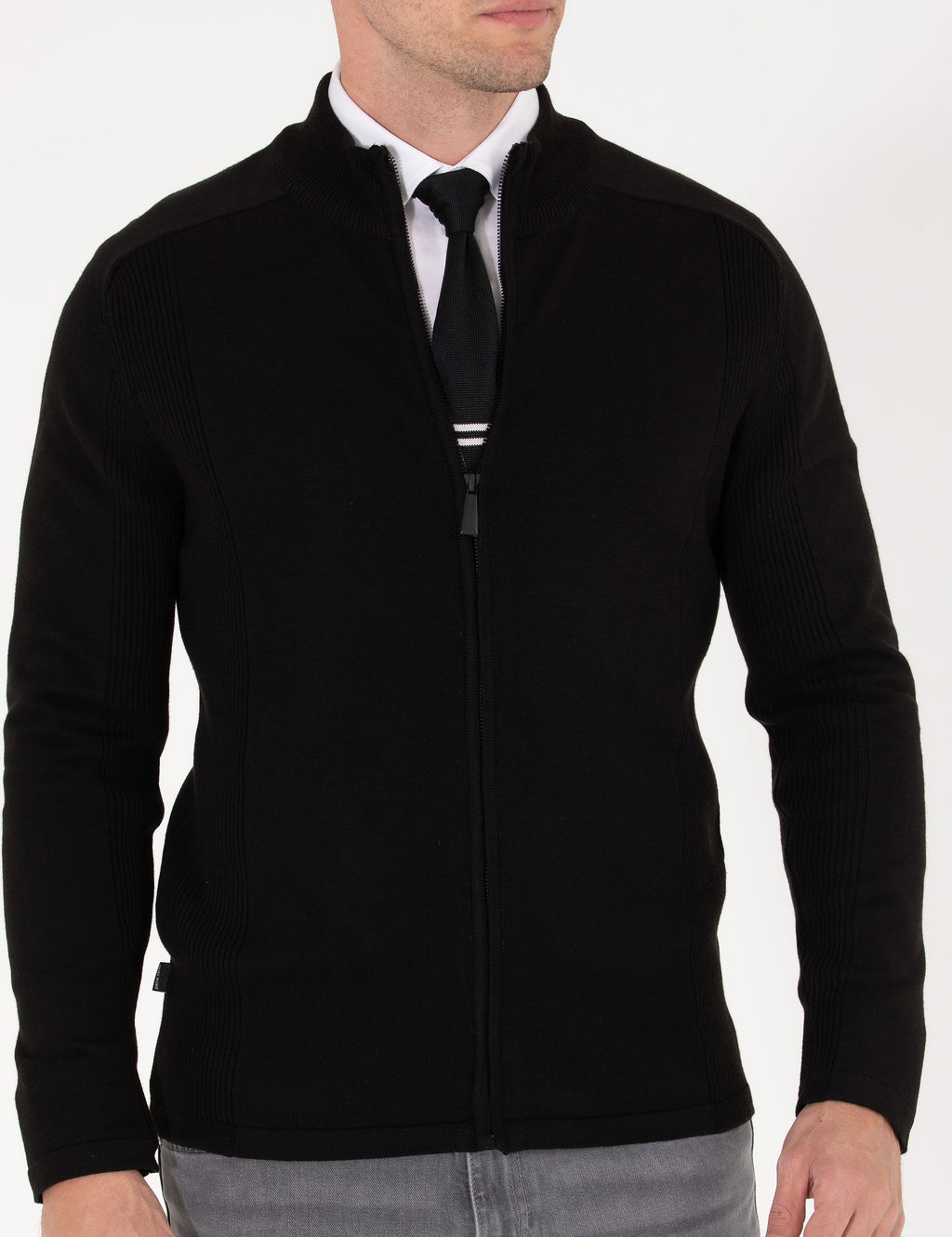 Siyah Slim Fit Fermuarl_ Triko H_rka