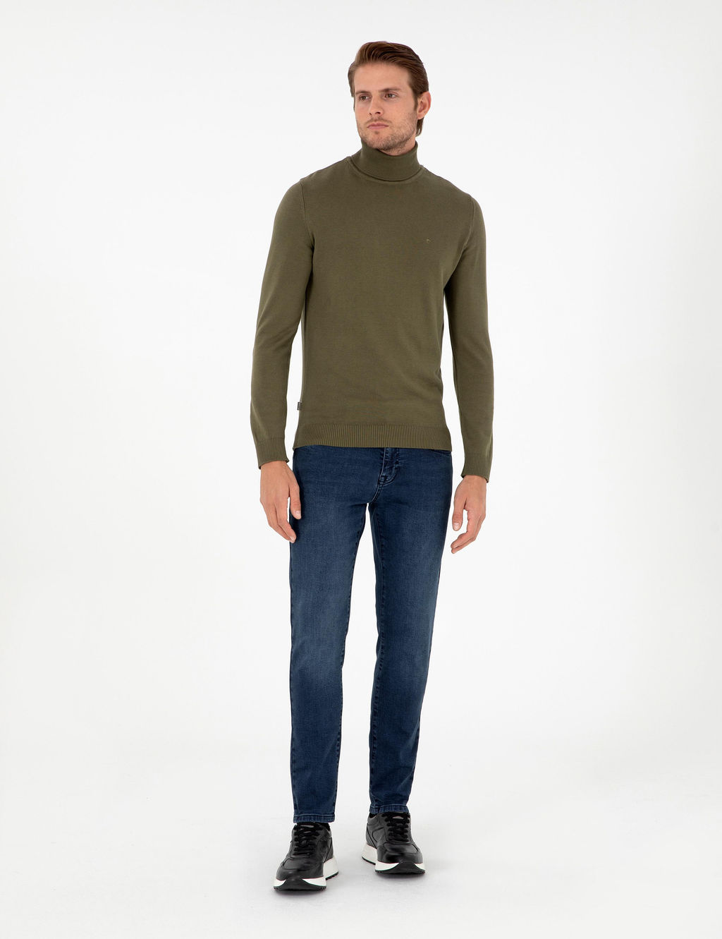 Koyu Haki Slim Fit Bal_k__ Yaka Basic Triko Kazak