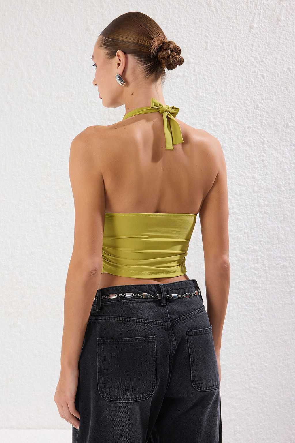 Yag Yesili Boyundan Baglamal? Vucuda Oturan Crop Esnek Orme Bluz TWOSS24BZ00061