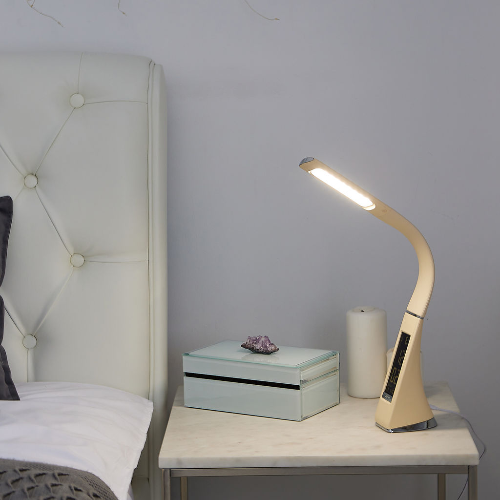 TLD-542 Cream/LED/300Lm/5000K/Dimmer Светильник настольный c часами, календарем, термометром, 5W. Сенсорный выключатель. Кремовый (стилизован под кожу). TM Uniel.