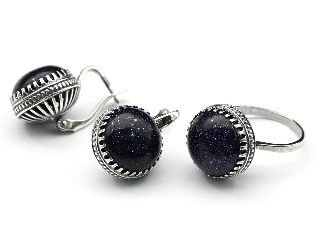 Кольцо Серьги с авантюрином синим имитация размер 19.