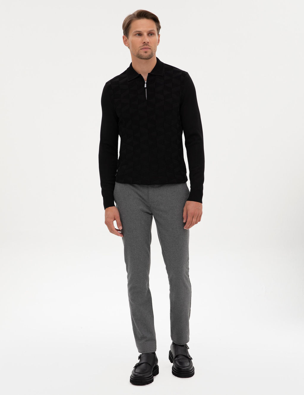 Siyah Slim Fit Polo Yaka Fermuarl_ Triko Kazak - Pierre cardin фото 4