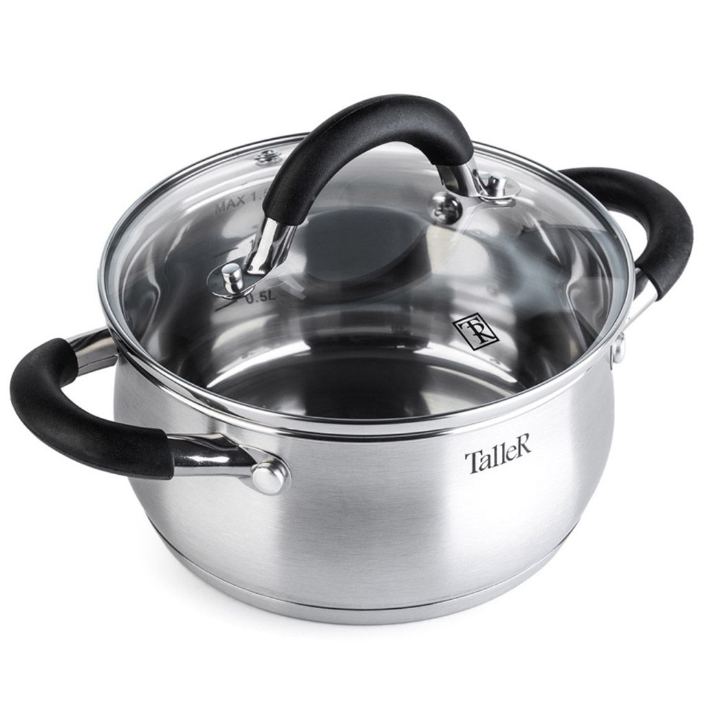 Кастрюля из нержавеющей стали Шелборн 1,5л, д16см, h8см, s0,6мм, дно s2,8мм, стеклянная жаропрочная крышка, стальной обод, пароотвод, силиконовые вставки черного цвета, капсулированное дно, полировка внешняя - матовая, внутренняя - зеркальная, мерн - Домашняя мода фото 2