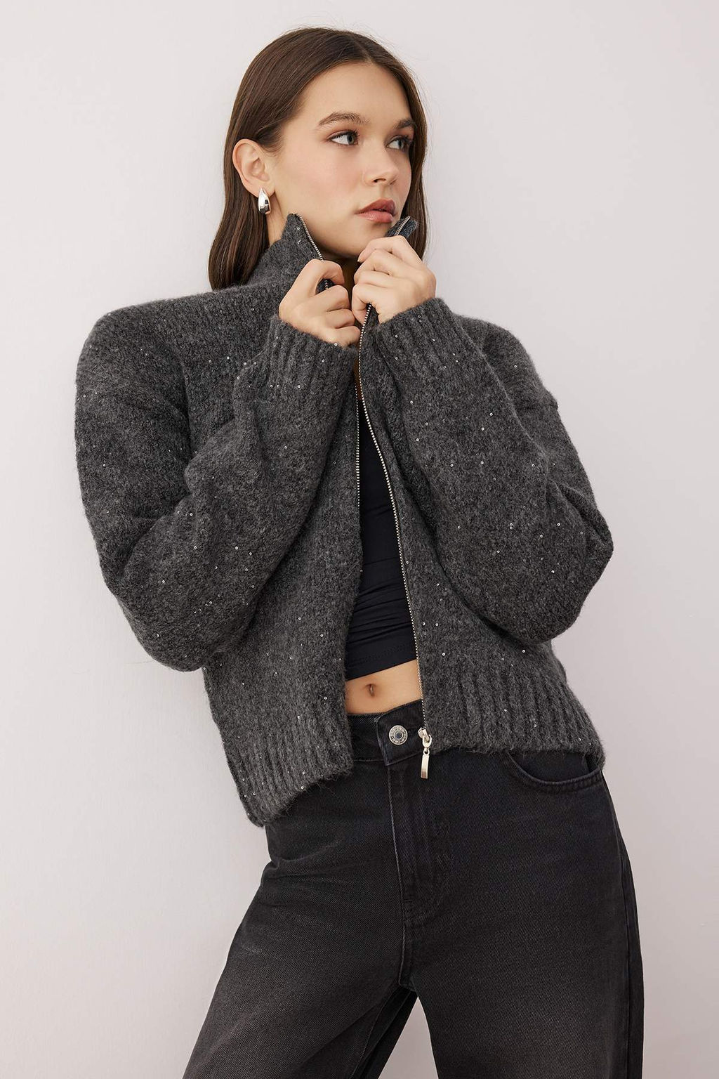 Vizon Fermuarl? Dik Yaka Yumusak Dokulu Payetli Triko H?rka TWOAW26HI00053 - Trendyolmilla фото 4