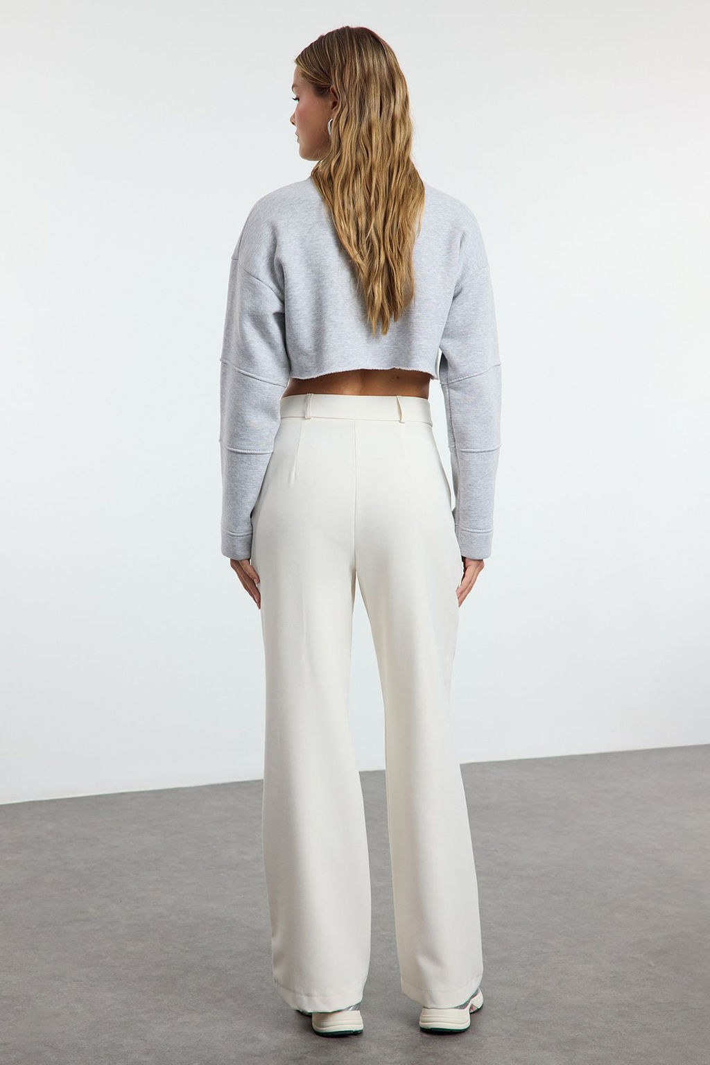 Ekru Yuksek Bel Wide Leg/Genis Paca Pilili Dokuma Kumas Pantolon TWOAW21PL0076