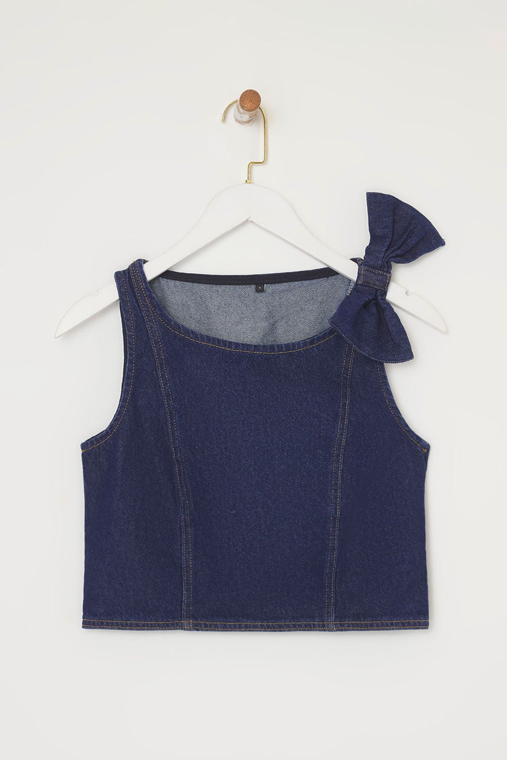 Trendyolmilla Koyu Mavi Kurdele/Fiyonk Detayl? Crop Denim Bluz TWOSS25BZ00476