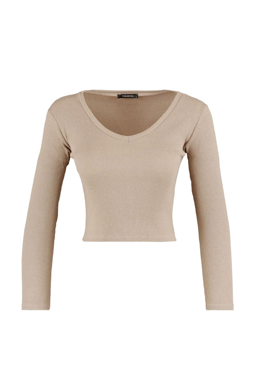 Trendyolmilla Kahverengi-Bej 2li Paket Crop Fitted/Vucuda Oturan V Yaka Fitilli Esnek Orme Bluz TWOAW22BZ0129