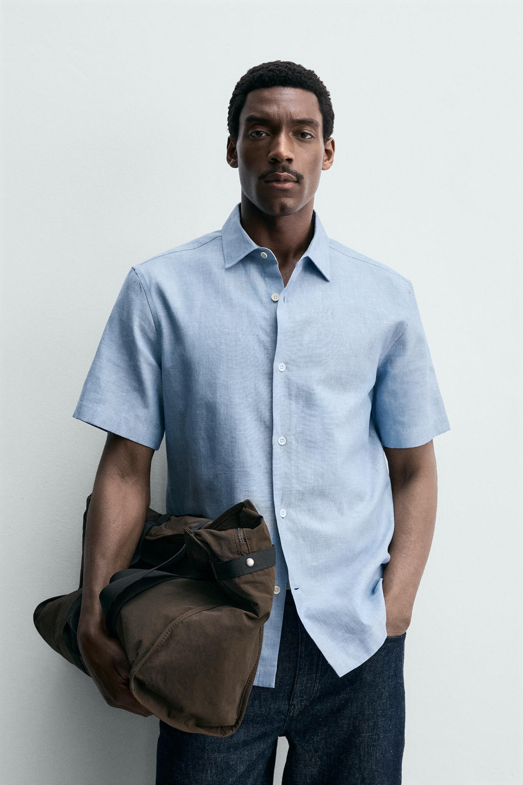 CAMISA ESTRUCTURA LINO - ALGOD?N / Celeste lavado - Zara фото 3