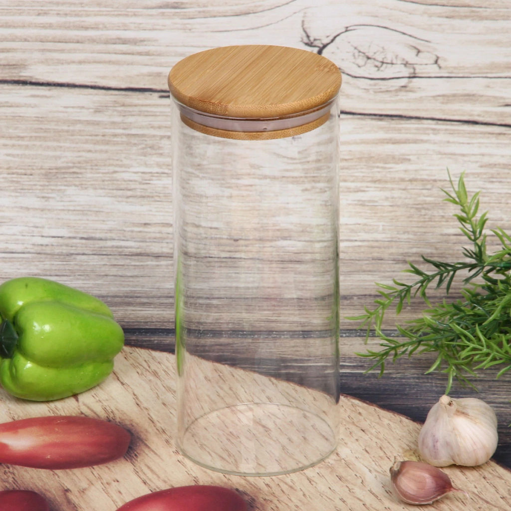 Цена за 2 шт. Банка для продуктов стеклянная 950мл "Хай-Тек" с бамбуковой крышкой 8,5*20см