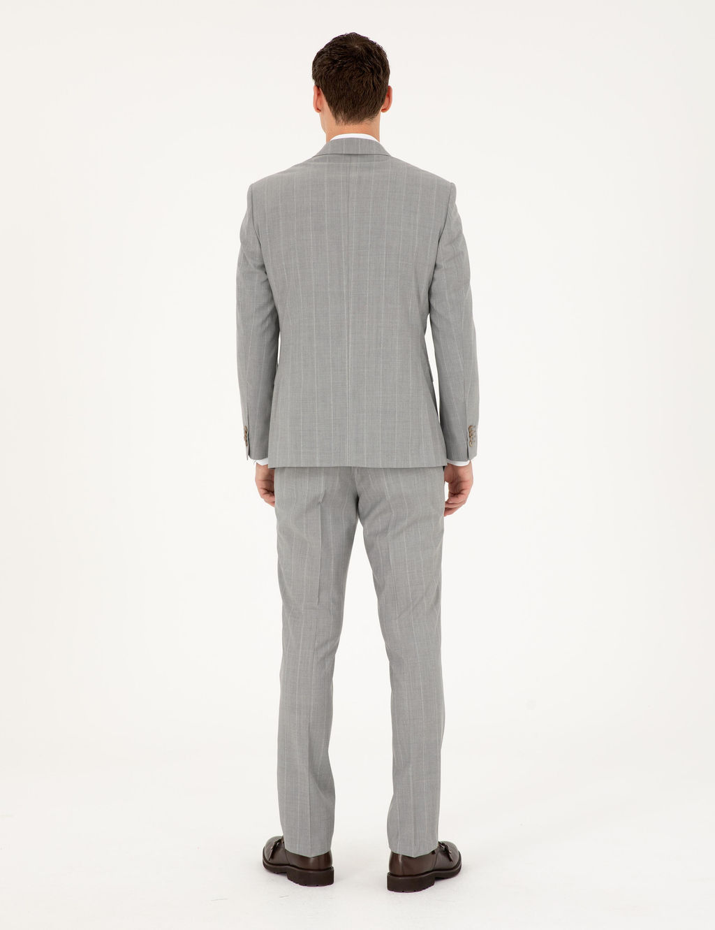 Gri Slim Fit _izgili Y_n Tak_m Elbise