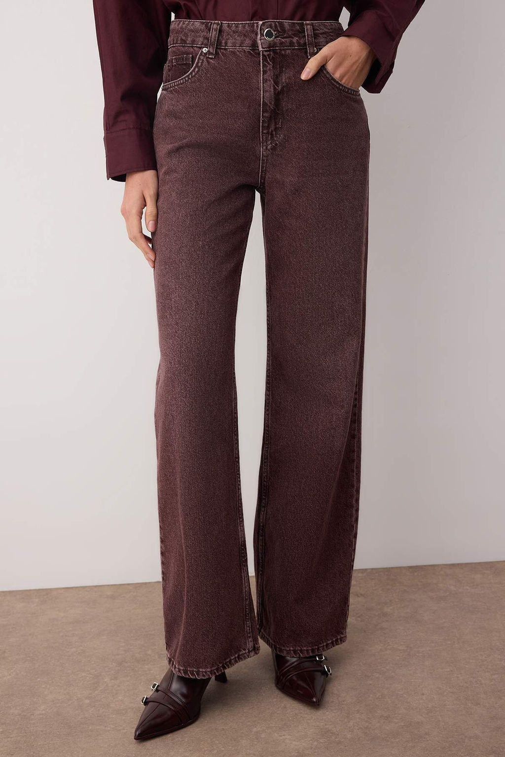 Bordo Yuksek Bel Vintage Y?kama Ozel Renk Denim Wide Leg/Genis Paca Jeans TWOAW26JE00110 - Trendyolmilla фото 3