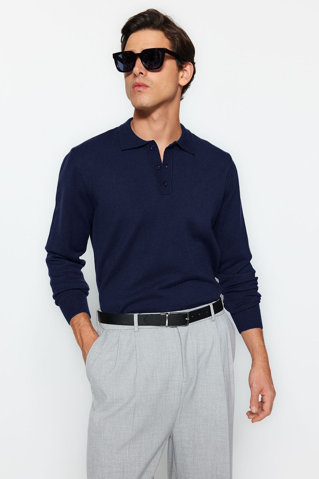 Lacivert Erkek Regular Polo Yaka Duz Triko Kazak TMNAW24KZ00067