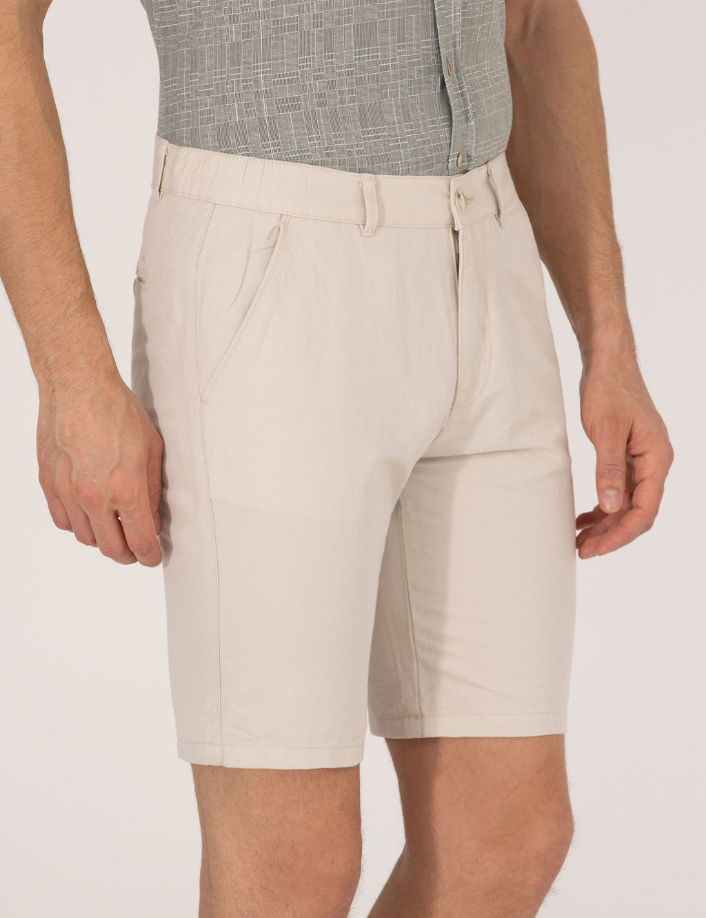 Ta_ Slim Fit Keten Kar___ml_ Beli Lastikli Bermuda _ort