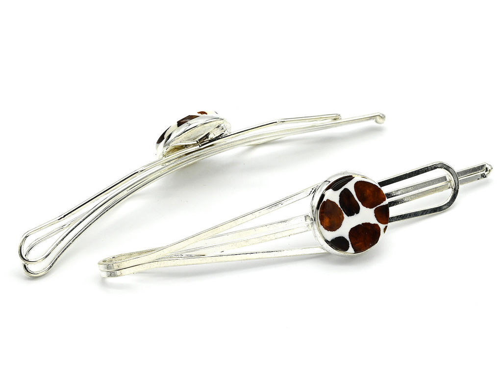 Заколка для волос с янтарем мозаика 14*70мм цв.серебристый