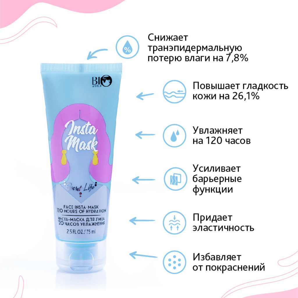 Bio World Secret Life Инста-маска для лица 120часов увлажнения 75мл