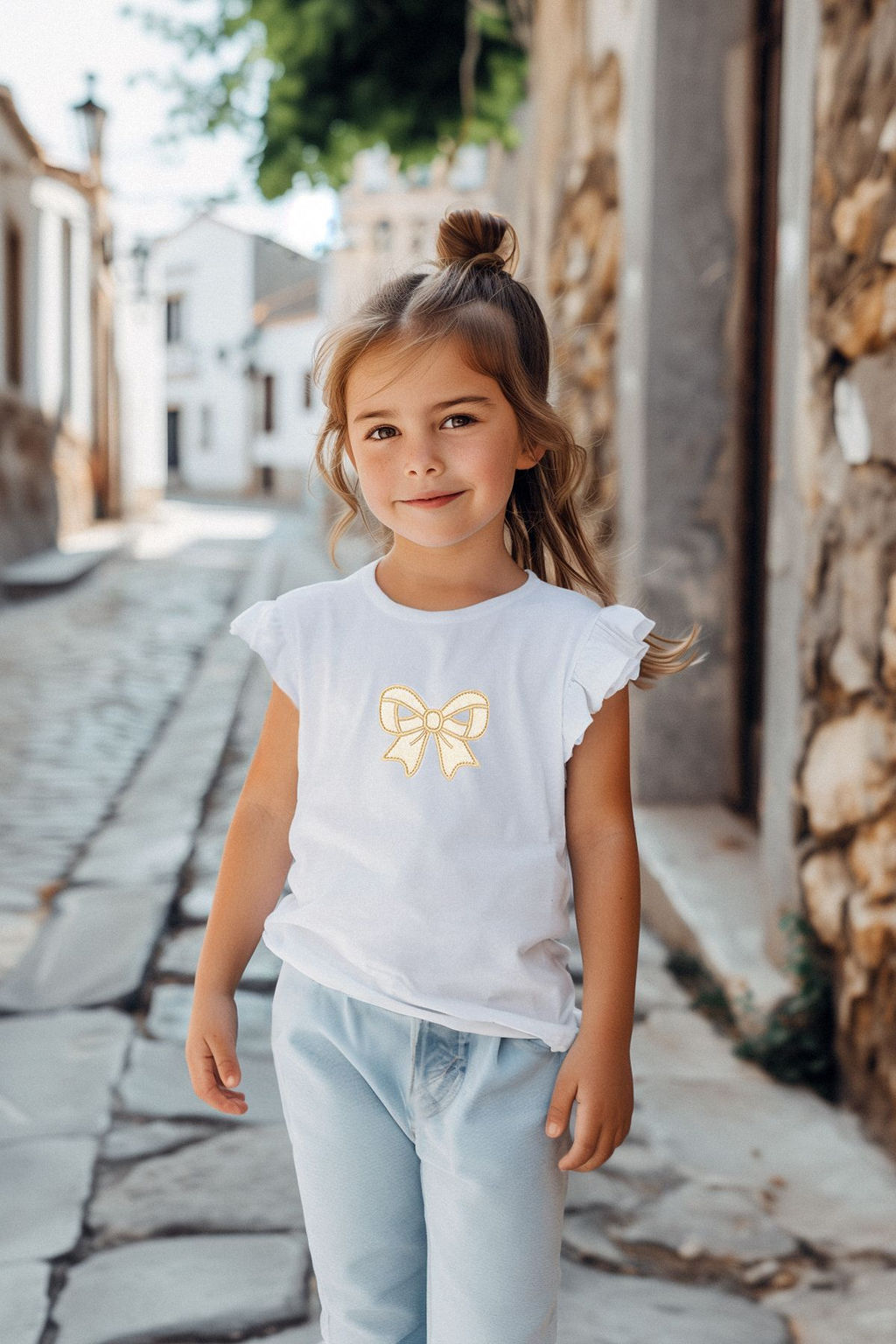 Beyaz K?z Cocuk %100 Pamuk Kurdele Desenli F?rf?rl? K?sa Kol Orme T-Shirt TKDSS24TS00006