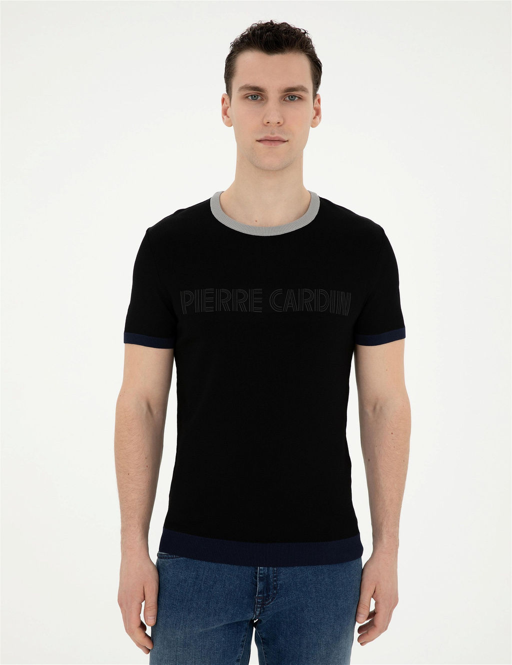 Siyah Slim Fit Bisiklet Yaka Triko Ti__rt - Pierre cardin фото 3