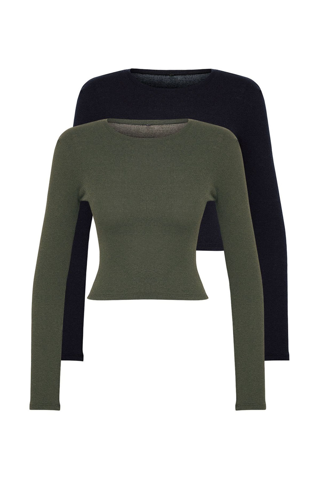 Siyah-Haki 2li Paket Fitted/Vucuda Oturan Bisiklet Yaka Crop Fitilli Esnek Orme Bluz TWOAW22BZ0331