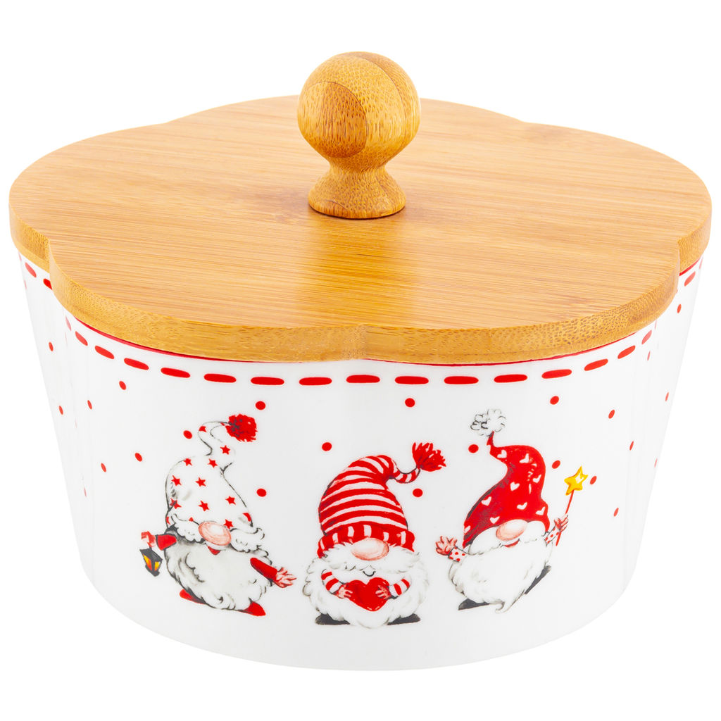Банка д/печенья 14,8*14,8*11,5 см 760 мл "Весёлые гномики" с деревянной крышкой