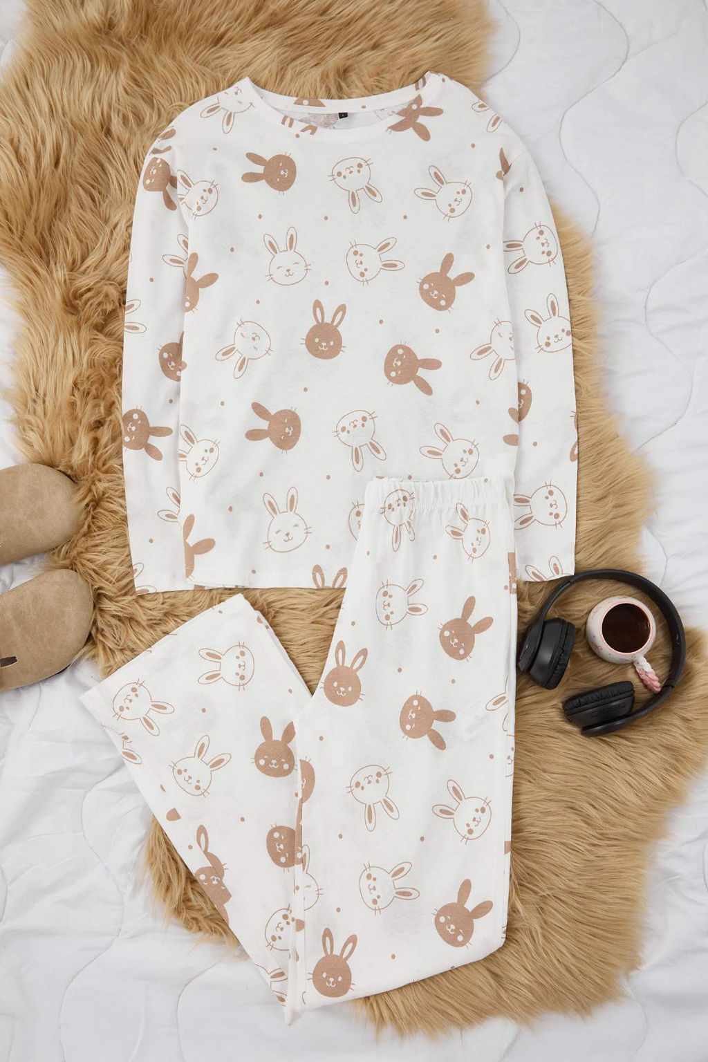 Ekru %100 Pamuk Tavsan Desenli Orme Pijama Tak?m? THMAW26PT00162 - Trendyolmilla фото 2