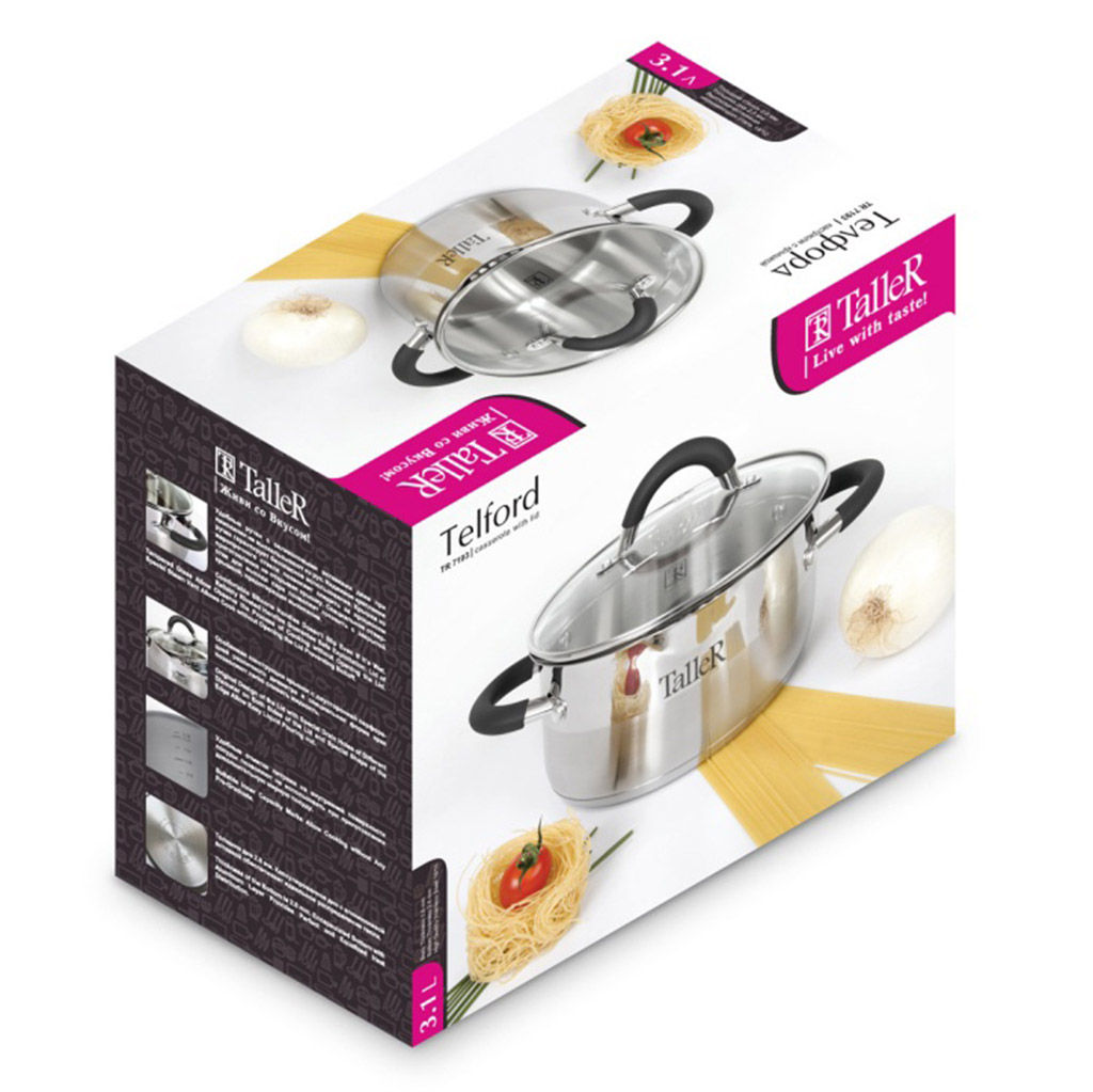 Кастрюля из нержавеющей стали Телфорд 3,1л, д20см, h10см, s0,6мм, дно s2,8мм, стеклянная жаропрочная крышка, широкий металлический ободок с отверстиями для слива жидкости, пароотвод, ручки из нержавеющей стали с силиконовыми вставками, капсулирован - Домашняя мода фото 7