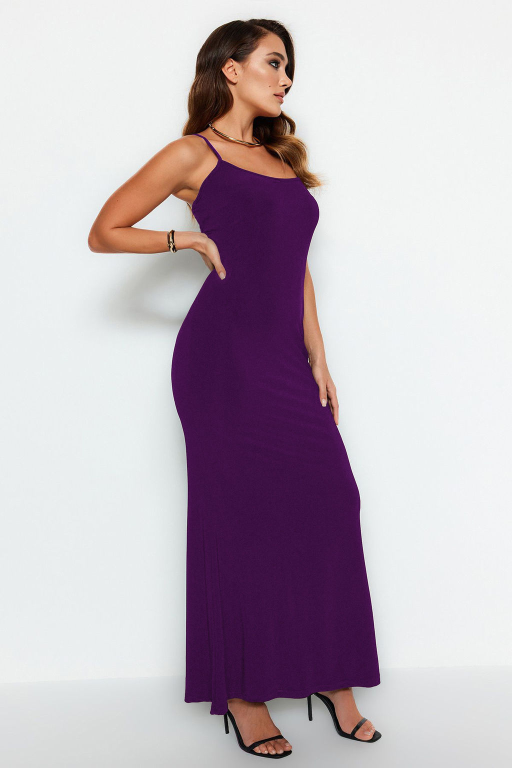 TRENDYOLMILLA Kahverengi Fitted/Vucuda Oturan Ask?l? Maxi Esnek Orme Kalem Elbise TWOSS23EL02435  фото 50