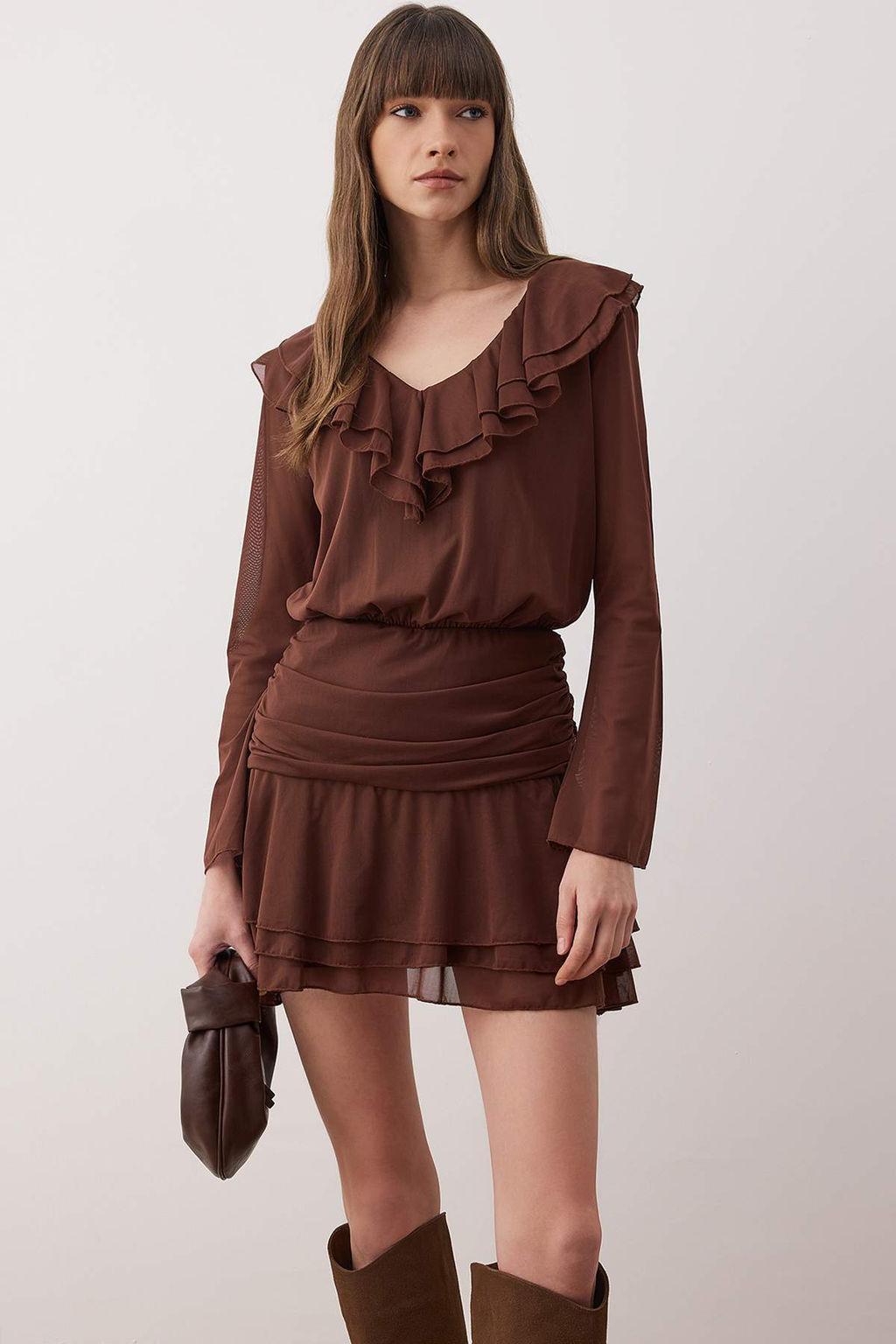 Kahverengi Duz Volanl? / F?rf?rl? Ekstra K?sa / Super Mini Orme Elbise TWOAW26EL00332 - Trendyolmilla фото 2