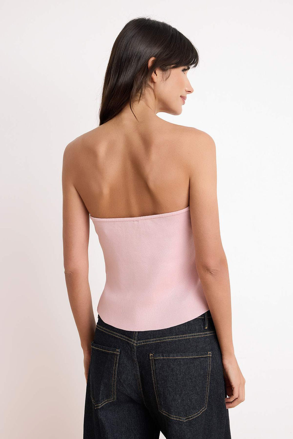 Pembe Inci Islemeli Straplez Vucudu Saran/Fitted Triko Bluz TWOSS25BZ00596 - Trendyolmilla фото 4