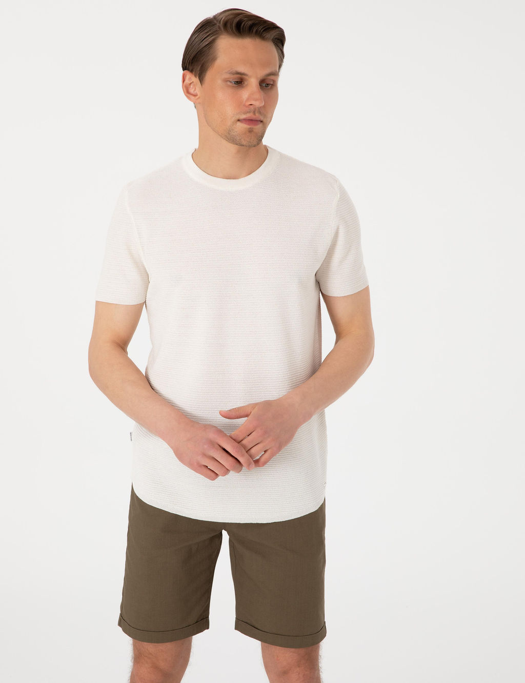 Ekru Slim Fit Keten Kar___ml_ Triko Ti__rt
