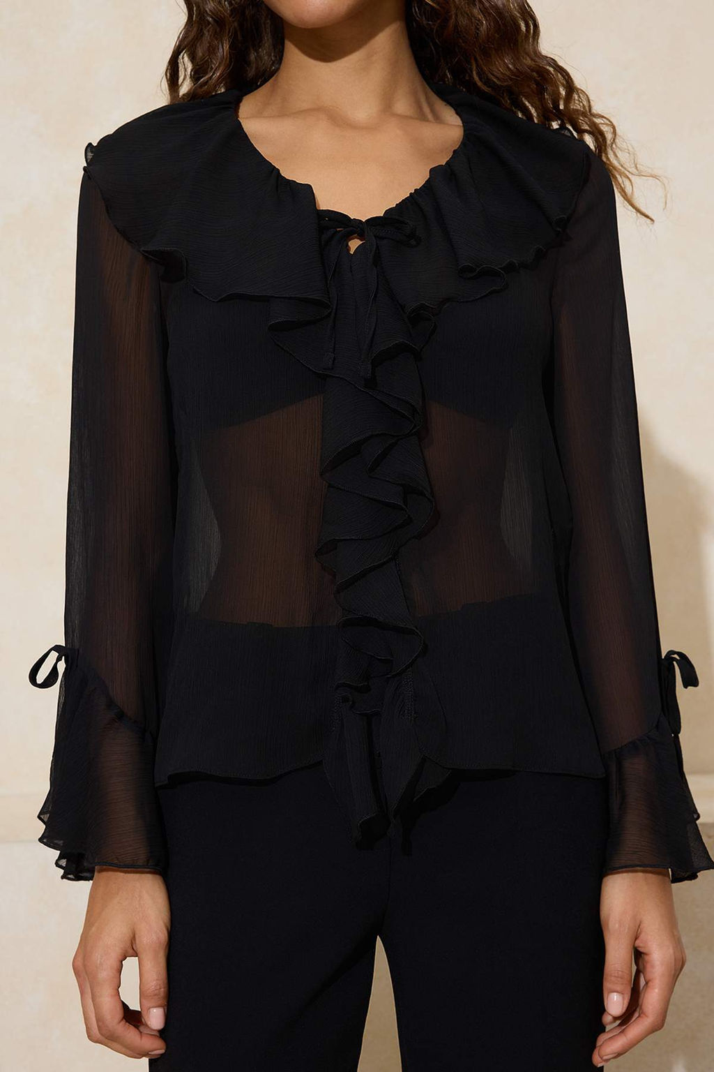 Siyah F?rf?r Detayl? Transparan Sifon Dokuma Bluz TWOSS26BZ00084
