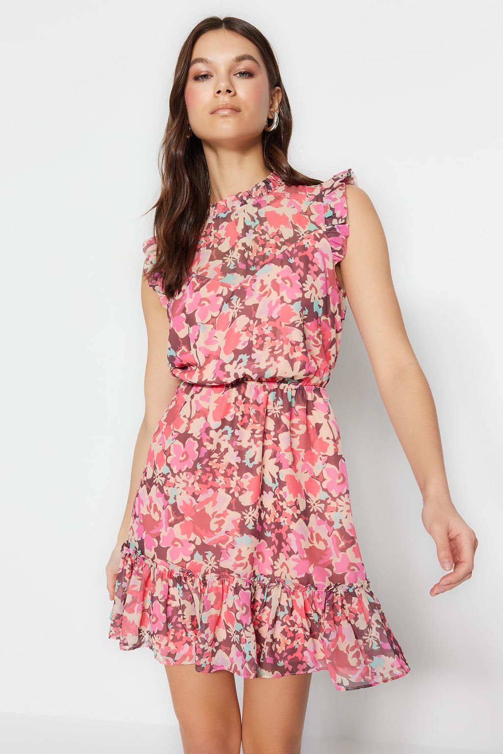 Pembe Cicek Desenli Belden Ac?lan Mini Dokuma Elbise TWOSS23EL02008 - Trendyolmilla фото 2