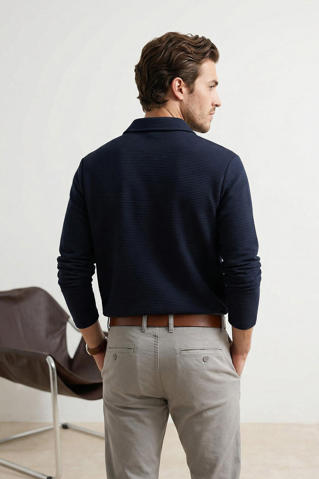 Lacivert Loose Fit Dokulu Fermuarl? Uzun Kol Polo Yaka T-shirt TMNSS26PO00002