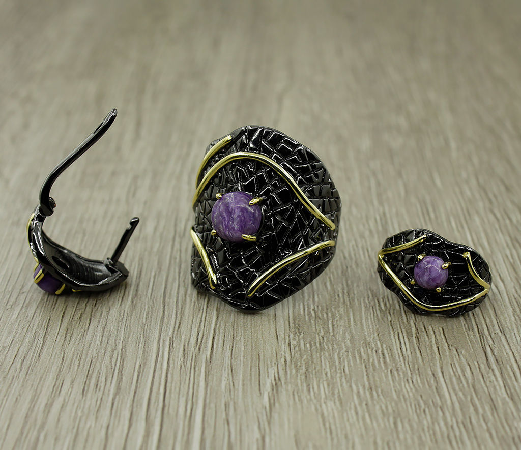 Комплект Чара-52, чароит, покрытие под золото, размеры кольца: 17, 18, 19, 20 - Agat77 фото 3