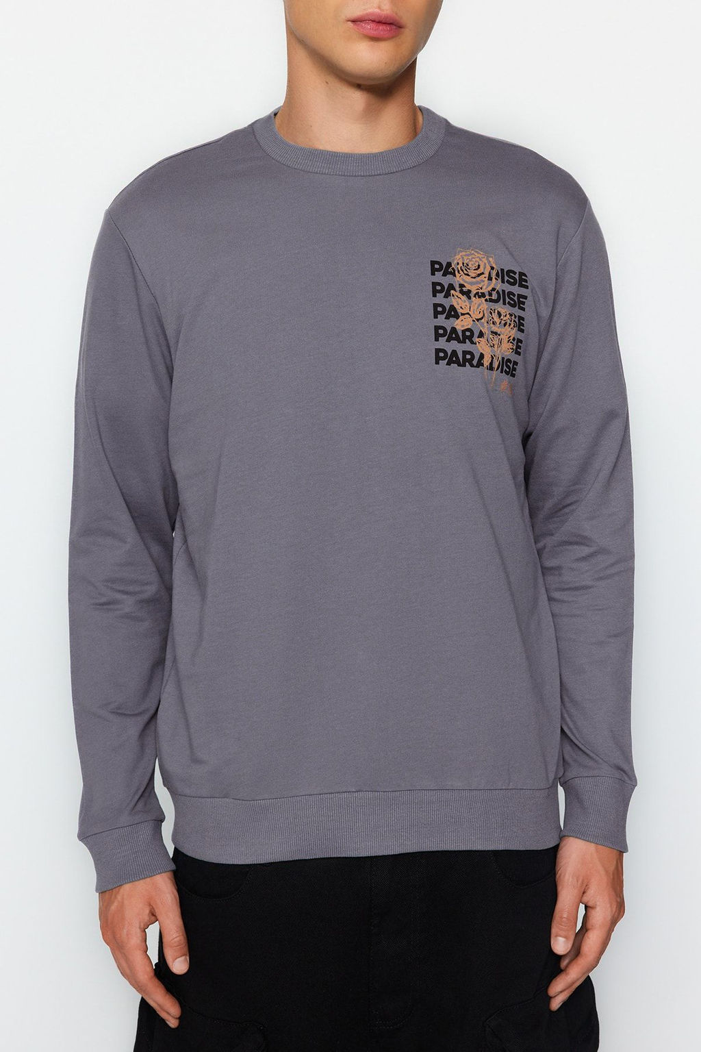 Antrasit Erkek Regular/Normal Kesim Uzun Kollu Bisiklet Yaka Bask?l? Sweatshirt TMNAW22SW0572