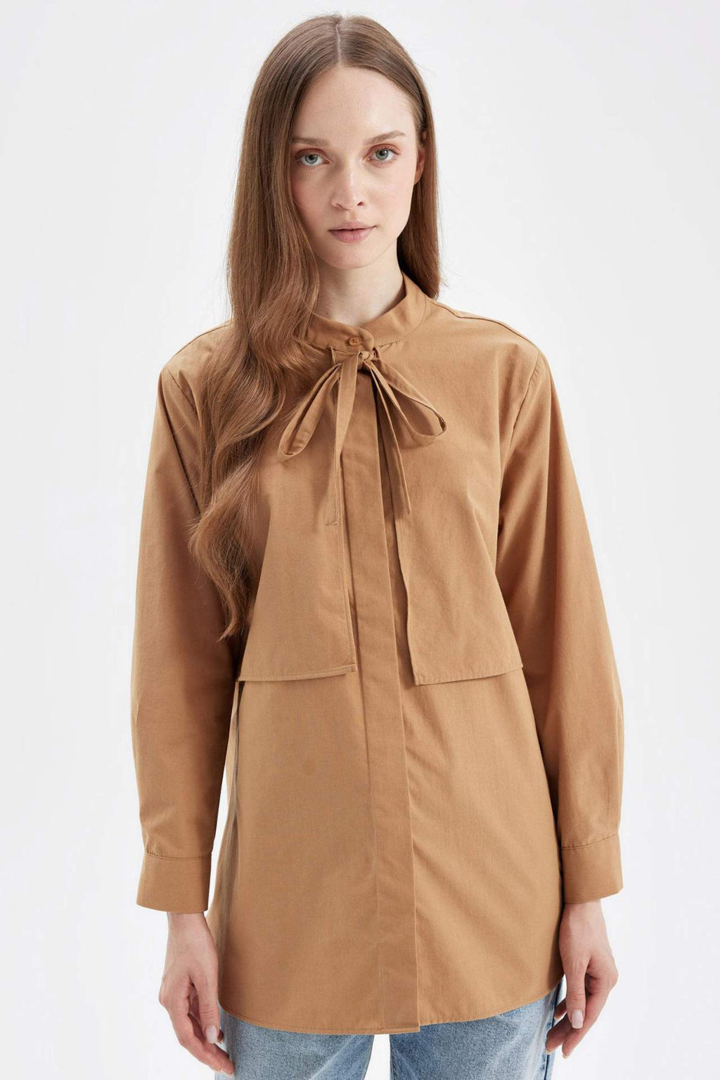 Relax Fit Fiyonk Yaka Poplin Uzun Kollu Gomlek Tunik - Defacto фото 2