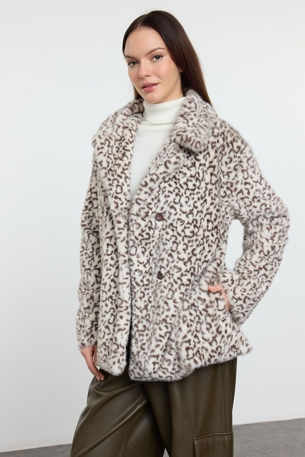 Cok Renkli Kahverengi Leopar Desenli Oversize Kal?p Uzun Kurk Mont TWOAW25MO00190